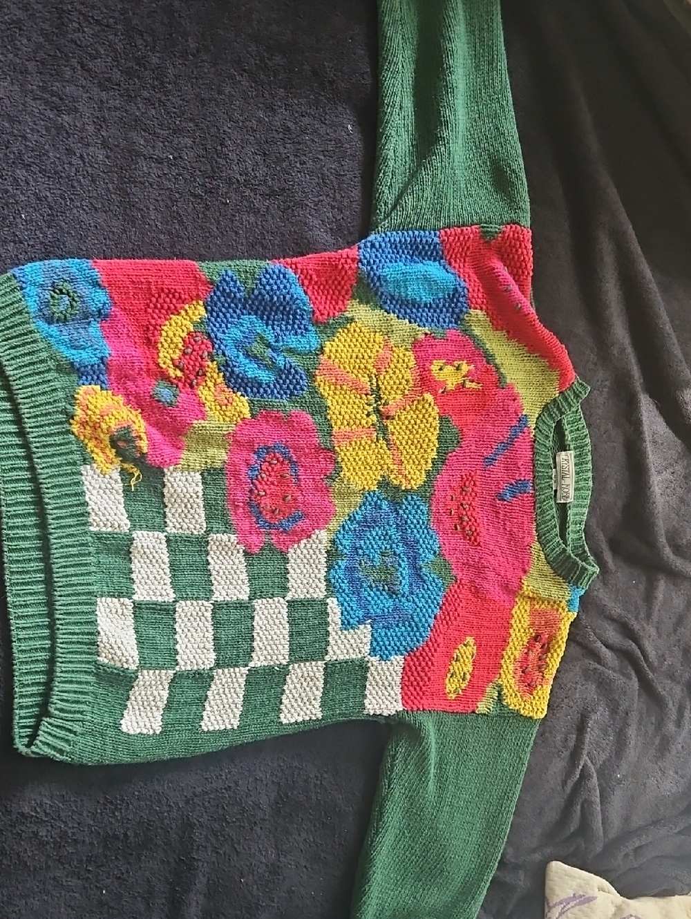 Green Floral Checkered Crewneck Sweater - Women's